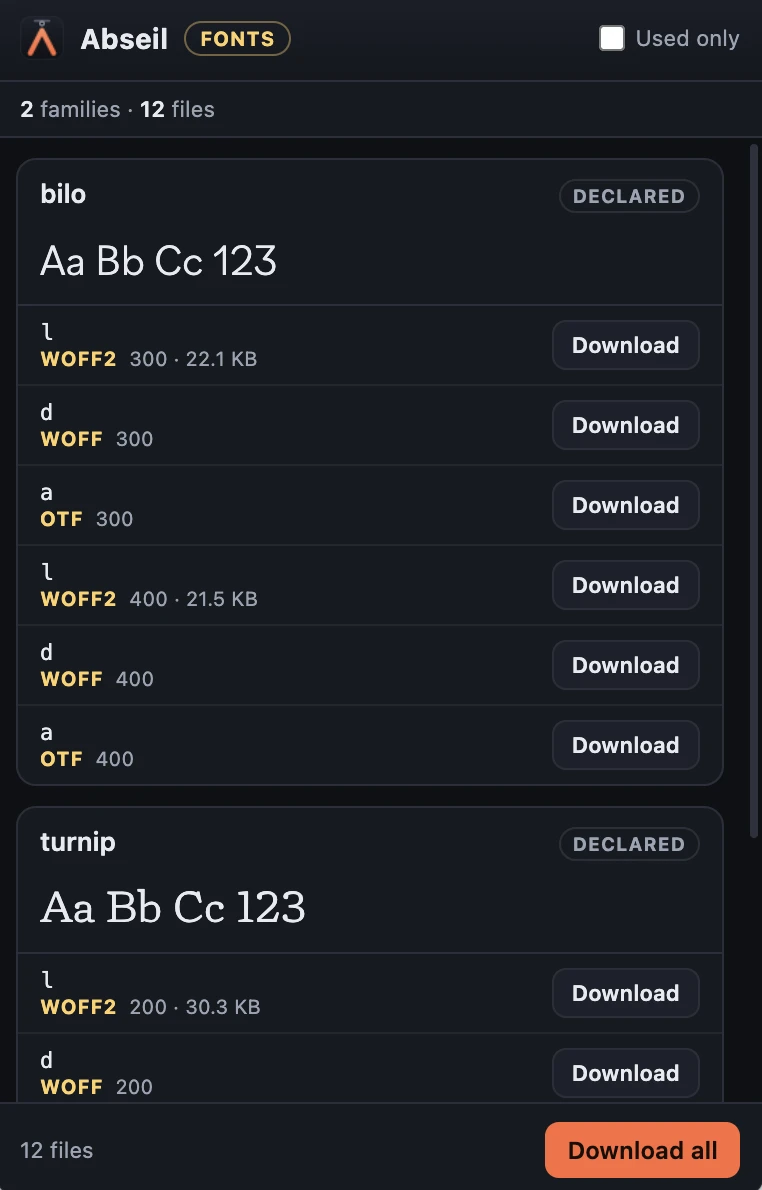 The Abseil popup showing the Fonts tool listing a page's webfonts, each with a Download button