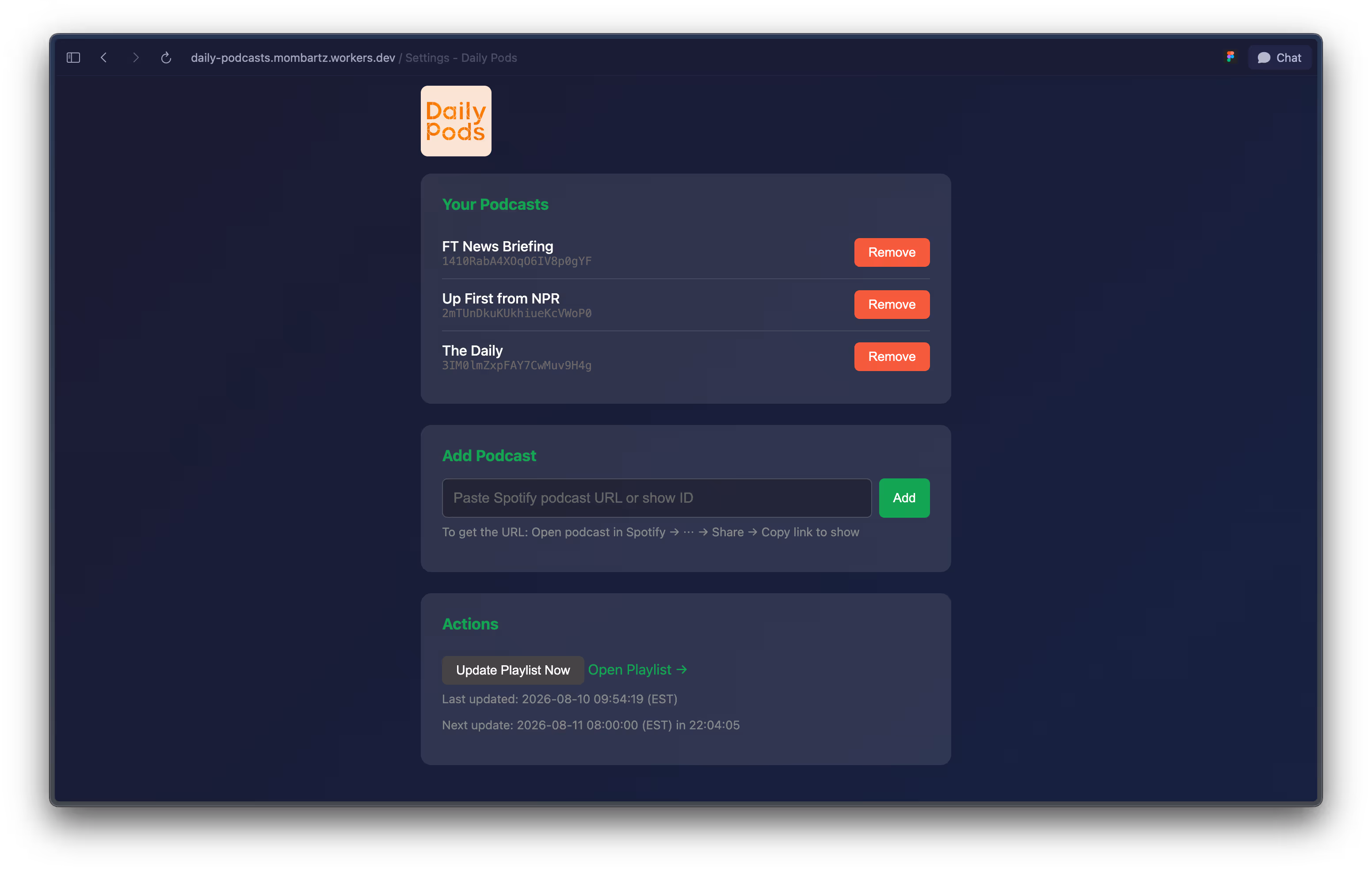 The Daily Pods settings screen, listing followed podcasts with options to add or remove shows and update the playlist