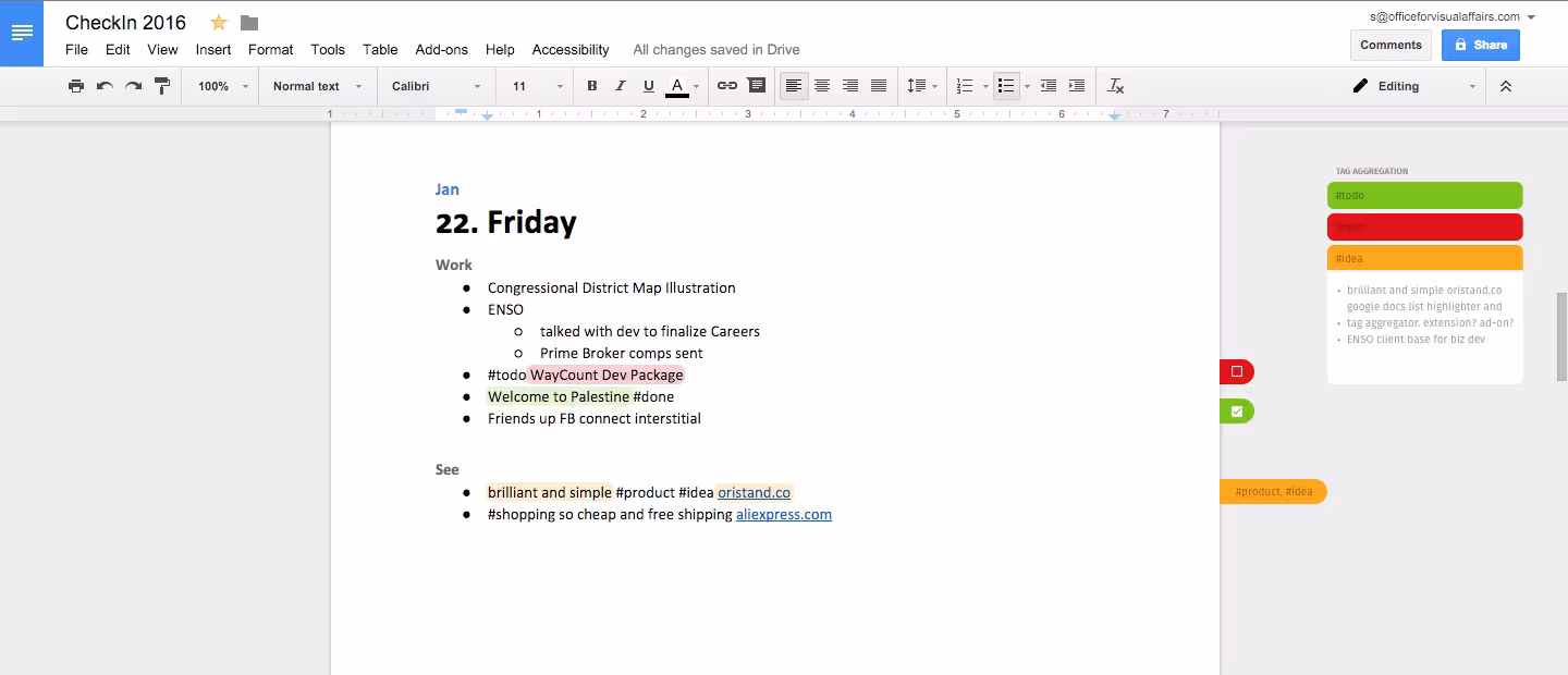 An early design study: a Google Doc from January 2016 with a 'Tag Aggregation' panel floating to the right of the page, showing coloured pills for #todo, #done and #idea and a short list of the lines carrying those tags