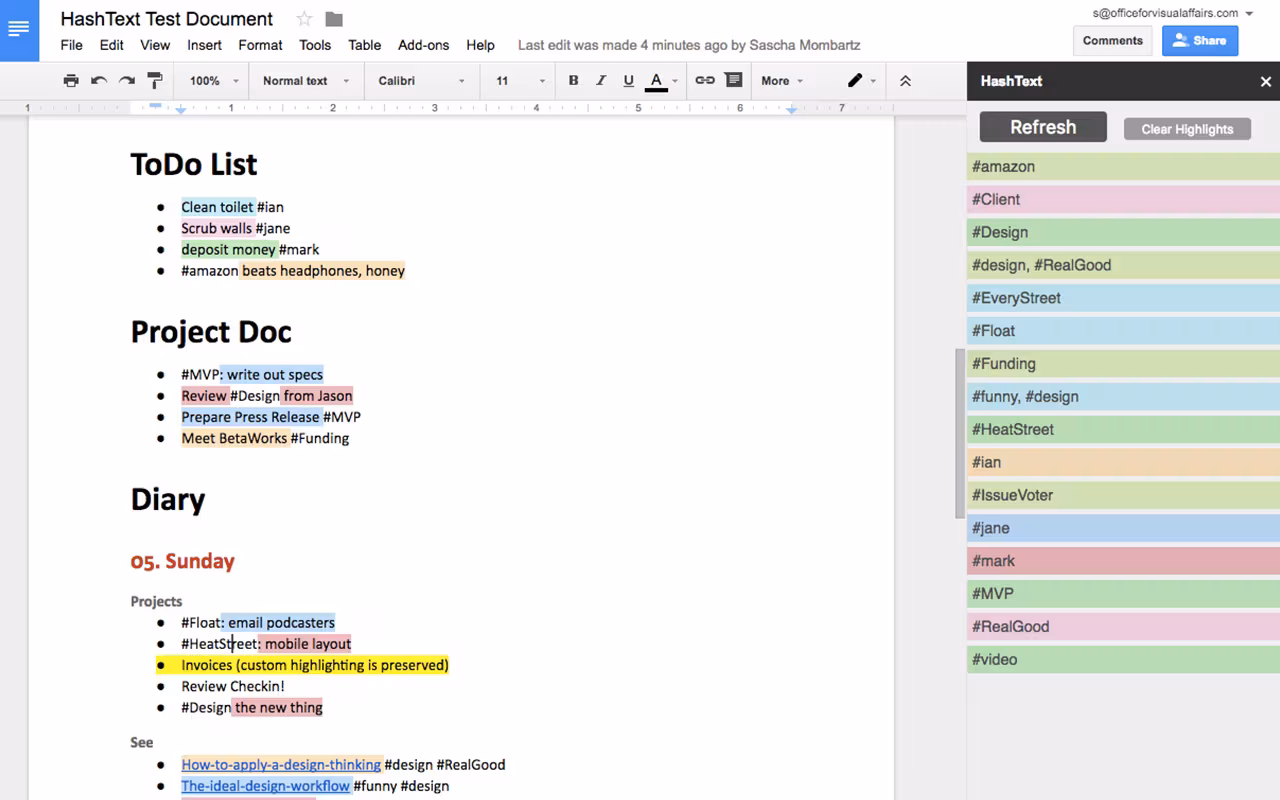 A Google Doc with a ToDo list, project notes and a diary, with the HashText sidebar open on the right listing every tag found in the document — #amazon, #Client, #Design, #MVP, #jane — each on its own coloured row, and the matching passages highlighted in the same colours inside the doc