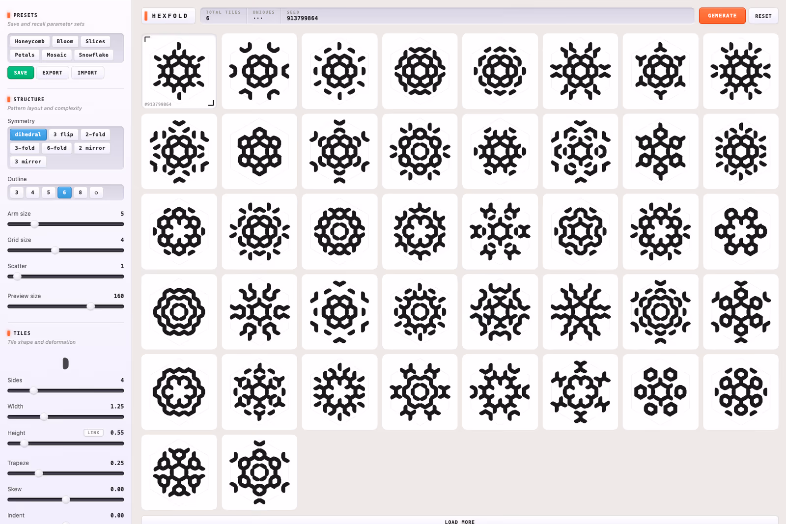 The Hexfold interface: a sidebar of presets and parameter sliders for symmetry, outline, arm size, grid size and tile shape on the left, and a grid of fifty black hexagonal snowflake-like icons on the right