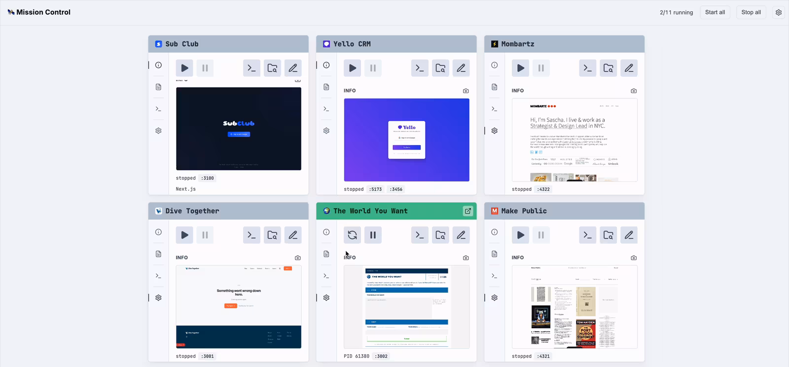 The first version of Mission Control: a grid of project cards, each with a status header, transport controls, a live screenshot of the running app and its port numbers