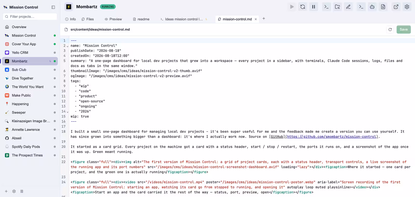 A project file open in Mission Control's built-in editor, with its path and a Save button above it and the project's other open tabs alongside