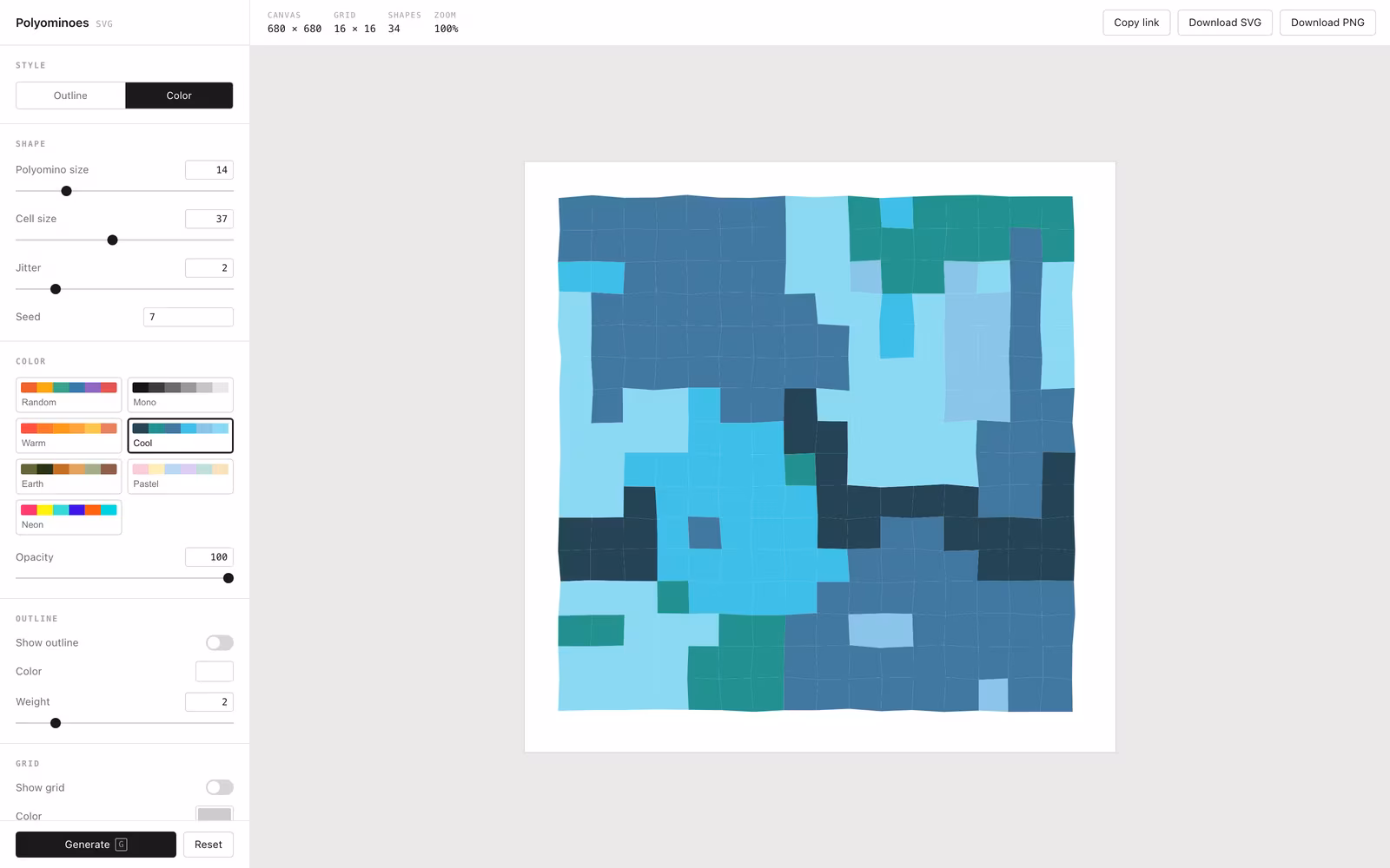 The Polyominoes interface: a sidebar with style, shape, colour, outline, grid and canvas controls on the left, and a square composition of interlocking blue and teal blocks on the right