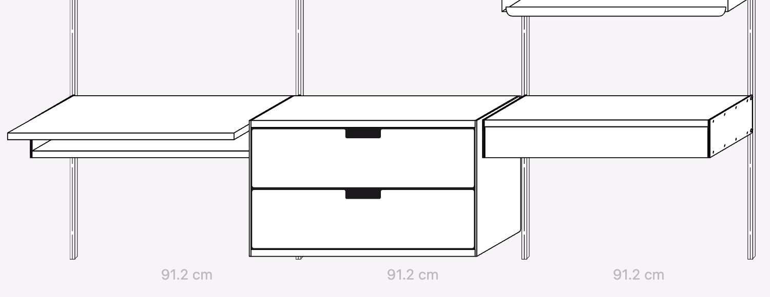 Close-up of the canvas showing a desk shelf, a two-drawer cabinet, and a drawer shelf hung between e-tracks, with 91.2 cm bay labels underneath
