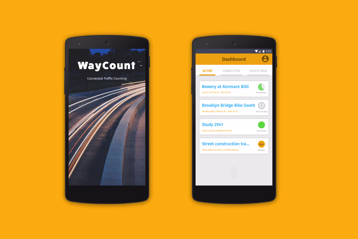 Two phones on orange: the WayCount splash screen over a long-exposure road photo, and the dashboard listing counting sites like Bowery at Kenmare and Brooklyn Bridge Bike South
