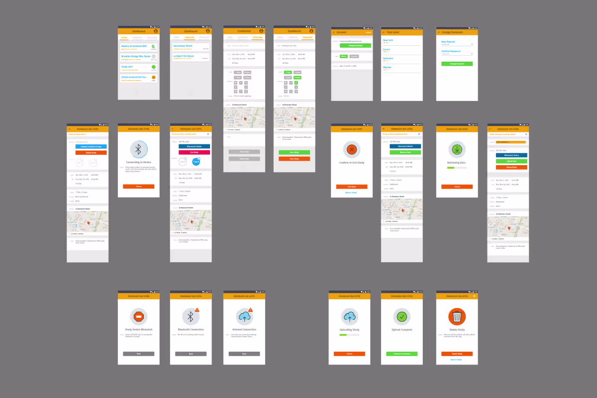 Every screen of the WayCount Android app laid out as a grid of phone mockups