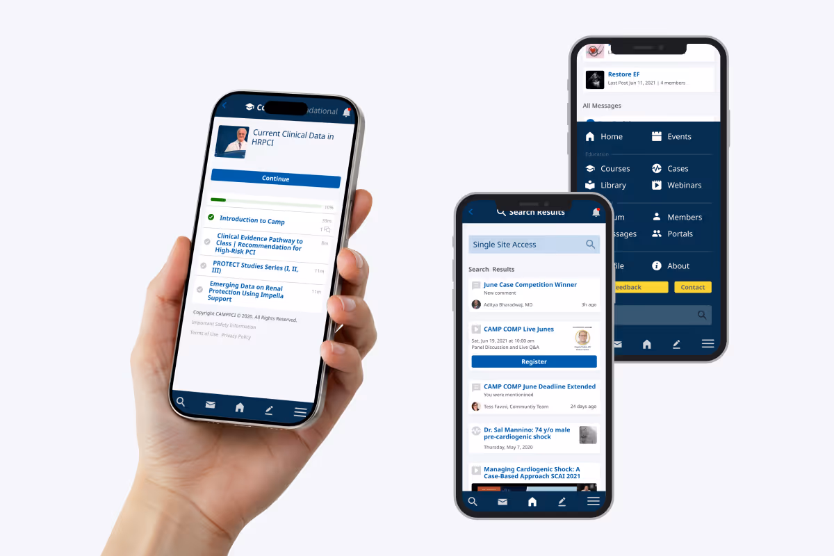 A hand holding a phone showing the Abiomed Camp home screen, with two more phones showing the courses and dashboard views
