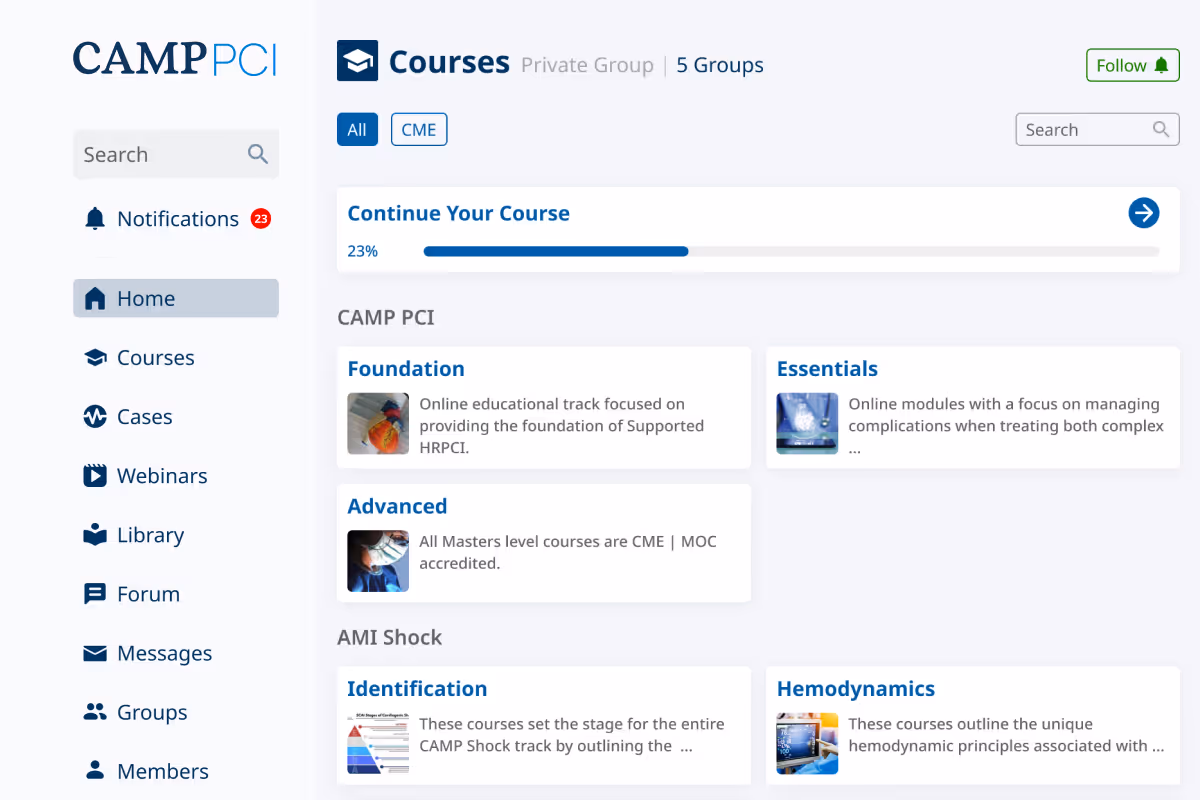 The Camp PCI courses page: “Continue your course” progress bar and the Foundation, Essentials and Advanced tracks
