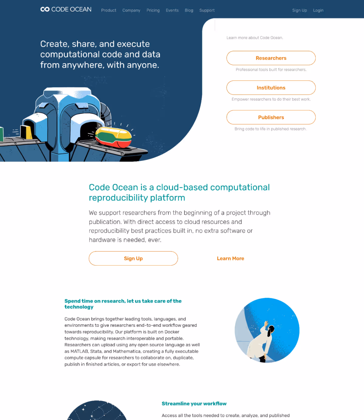 The Code Ocean home page — “Create, share, and execute computational code and data from anywhere, with anyone” over a custom illustration