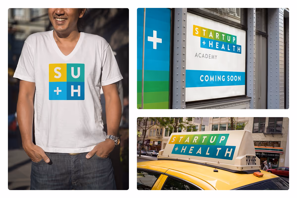 The StartUp Health identity in the wild: a monogram t-shirt, an Academy window poster and a taxi-top ad