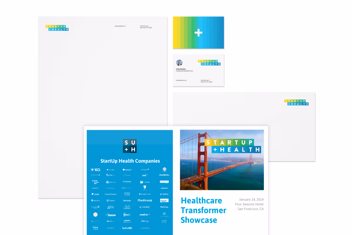 StartUp Health stationery: letterhead, business cards and a Healthcare Transformer Showcase programme