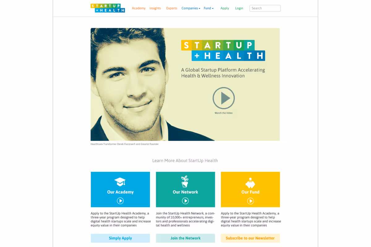 The StartUp Health website home page with a video hero and Academy, Network and Fund tiles