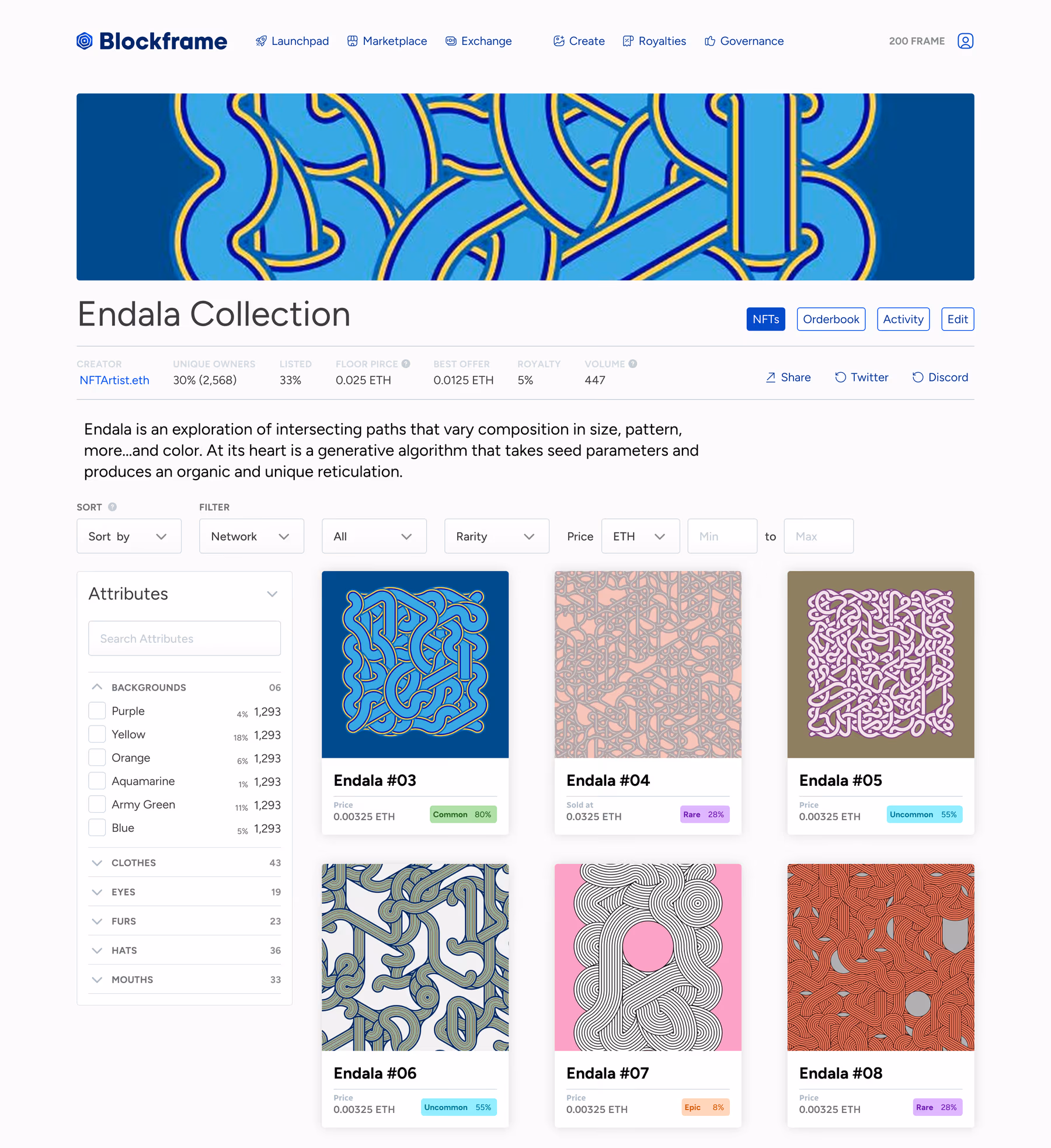 A Blockframe collection page with banner art, creator stats, attribute filters and a grid of NFTs