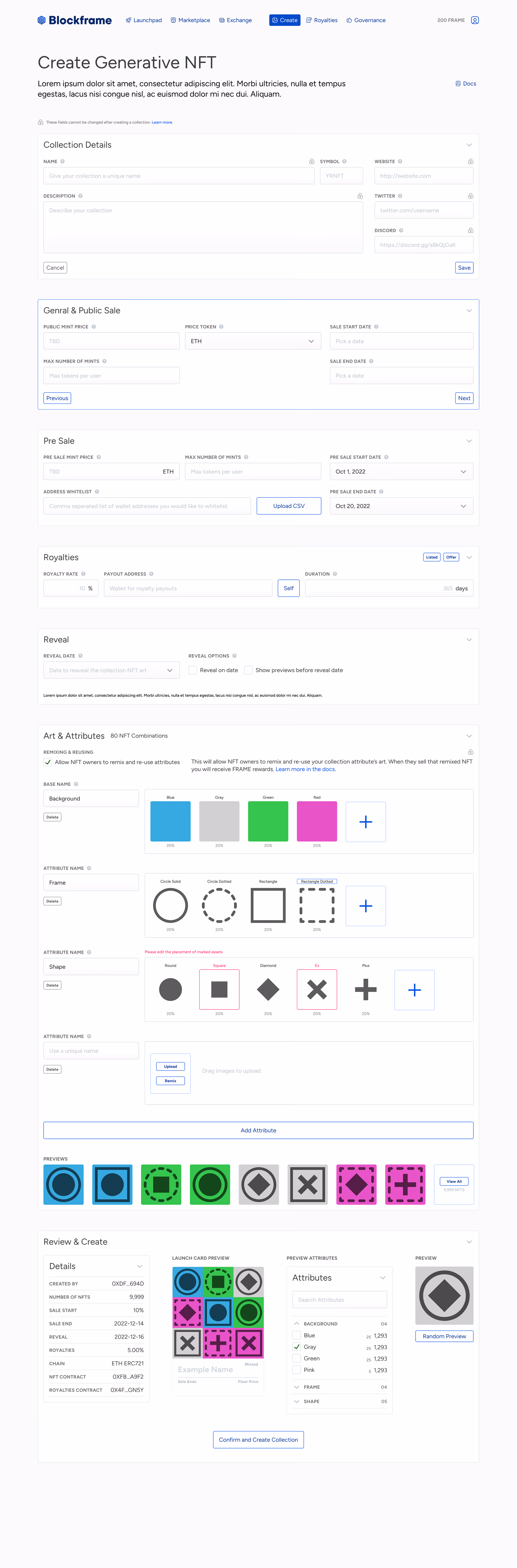 The Blockframe Creator Studio form for a generative NFT collection, from collection details through art and attributes to review