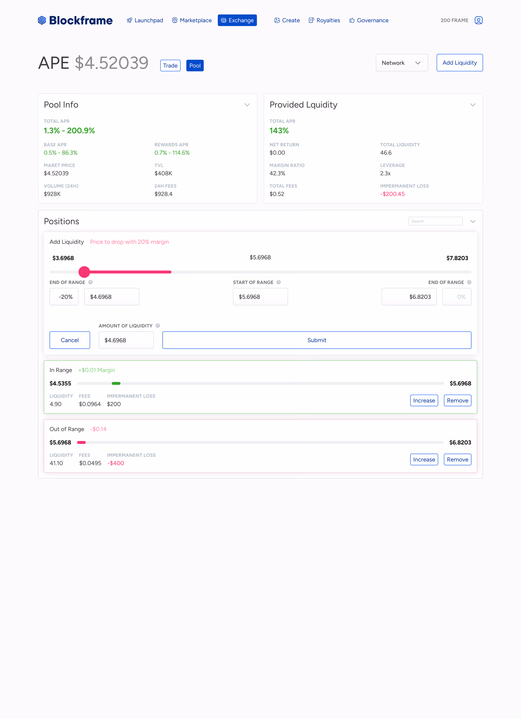 A Blockframe liquidity pool page with pool info, provided liquidity and range positions