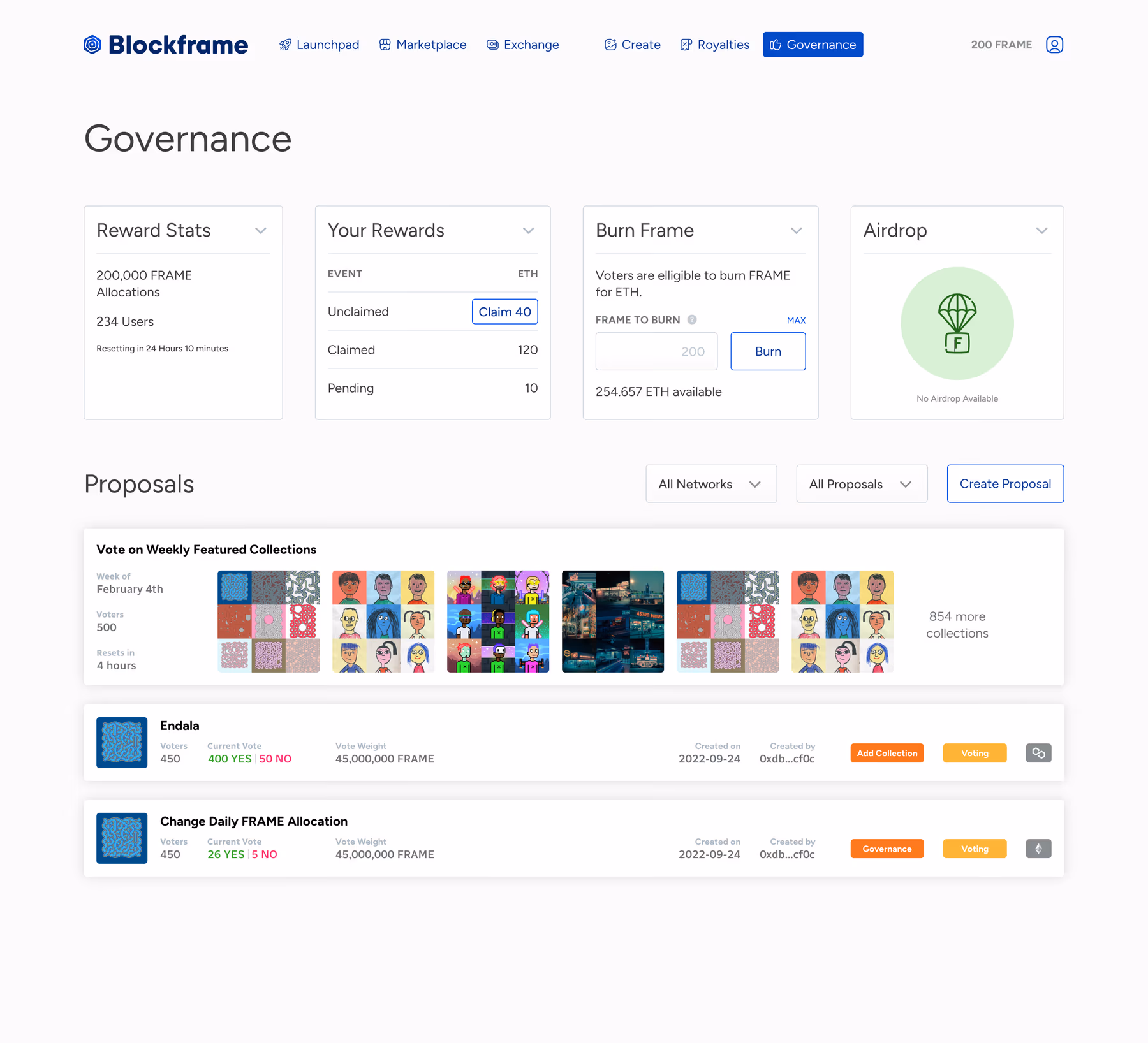 The Blockframe governance screen with reward stats, burn frame, airdrop and proposals