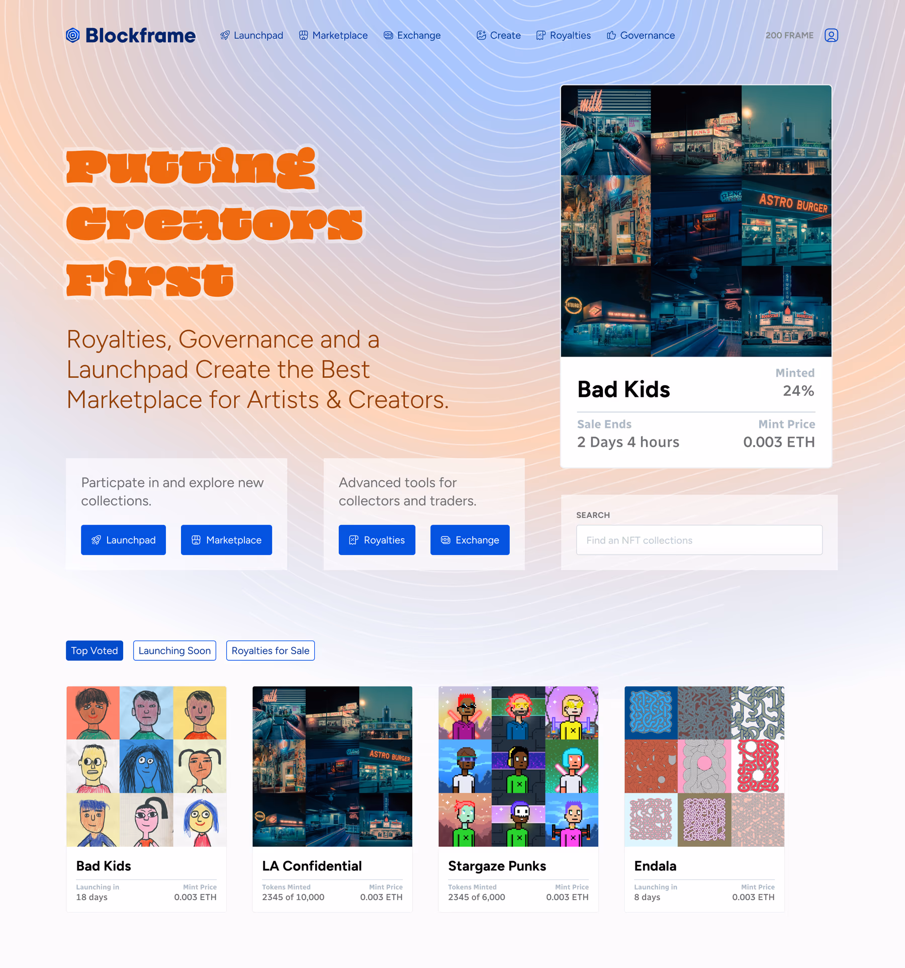 The Blockframe home page — “Putting Creators First” headline, a featured collection, search, and a grid of collections