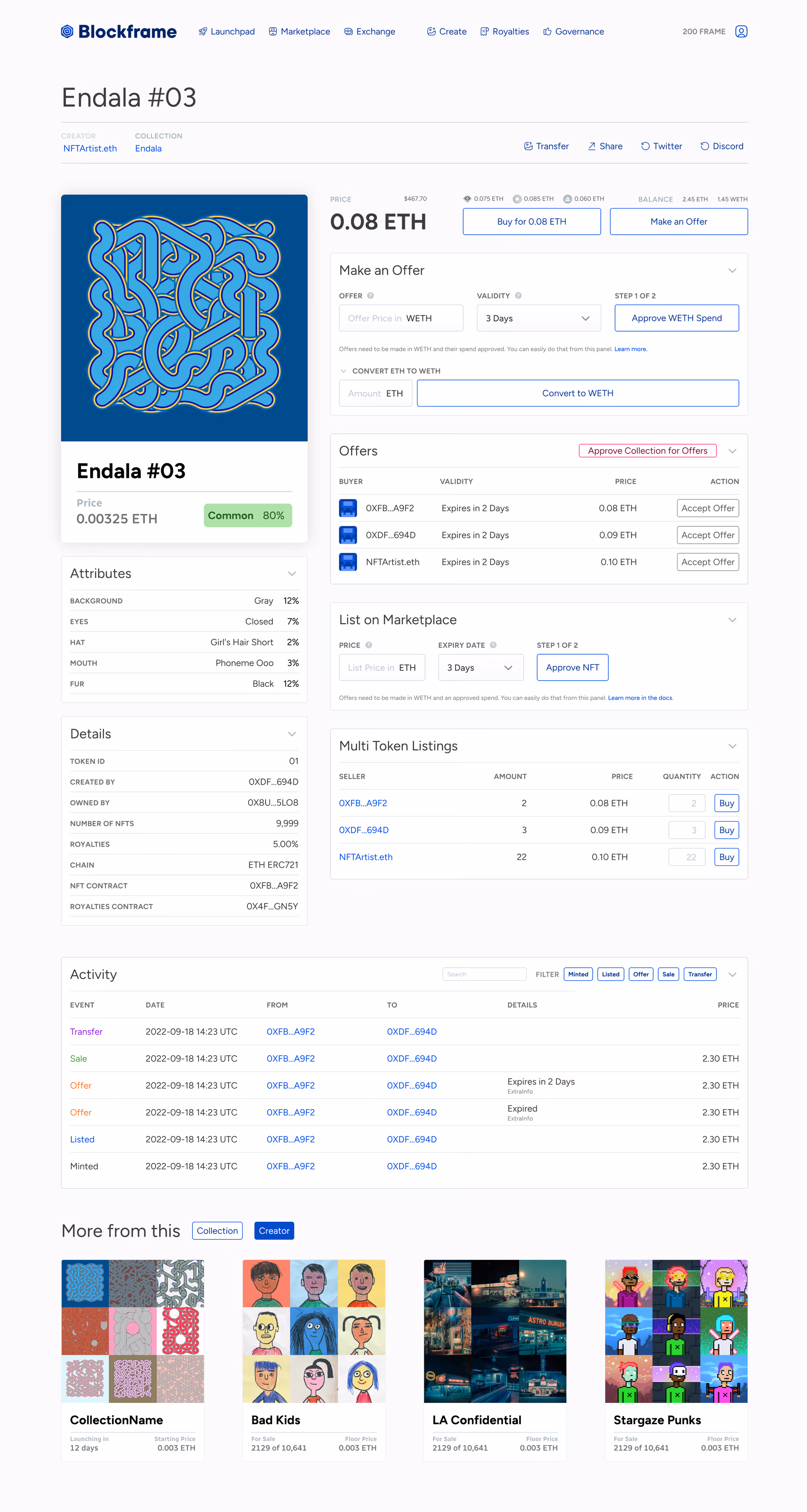The Blockframe NFT detail page with offers, attributes, listings and activity
