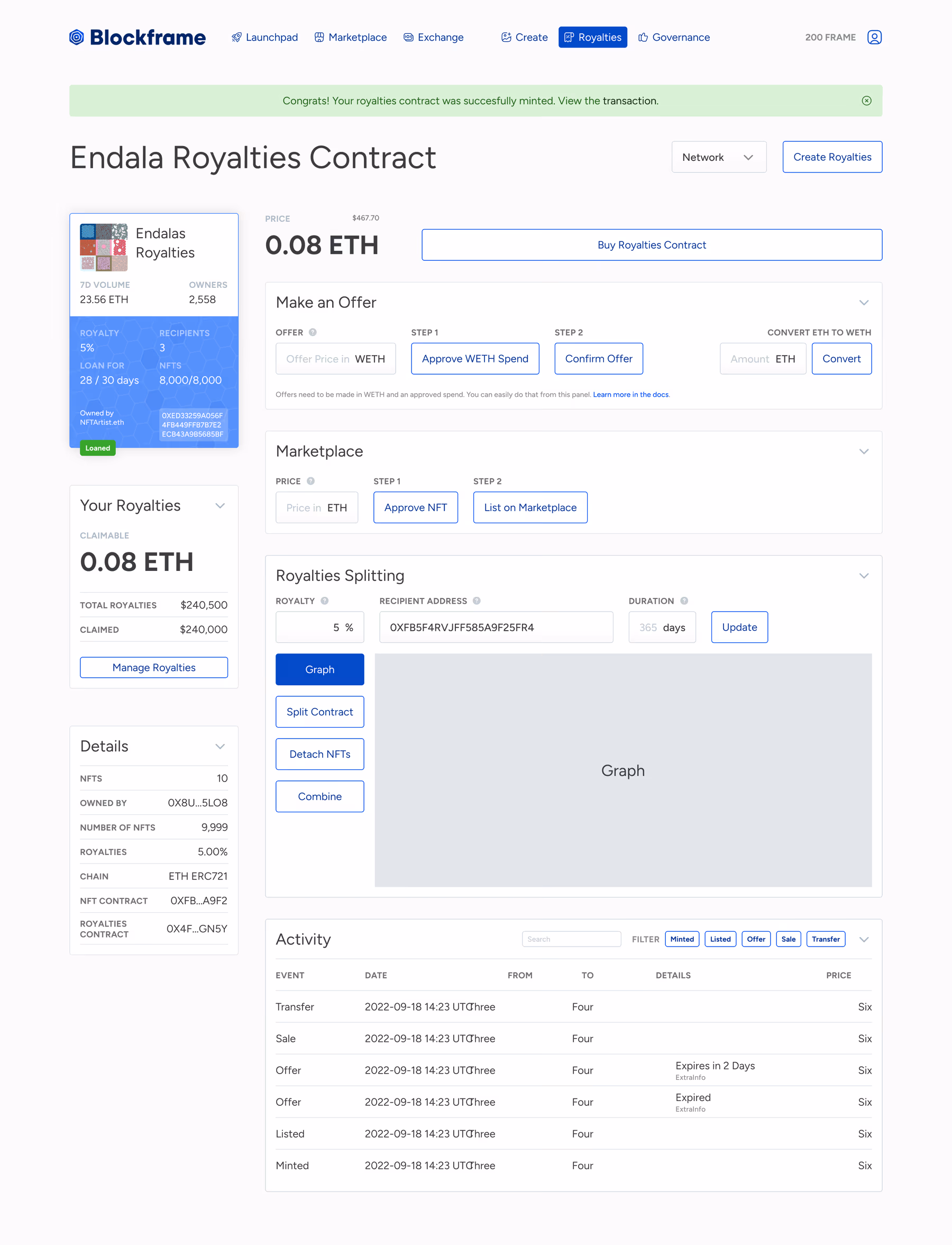 The Blockframe royalties contract page with claimable earnings, splitting and activity