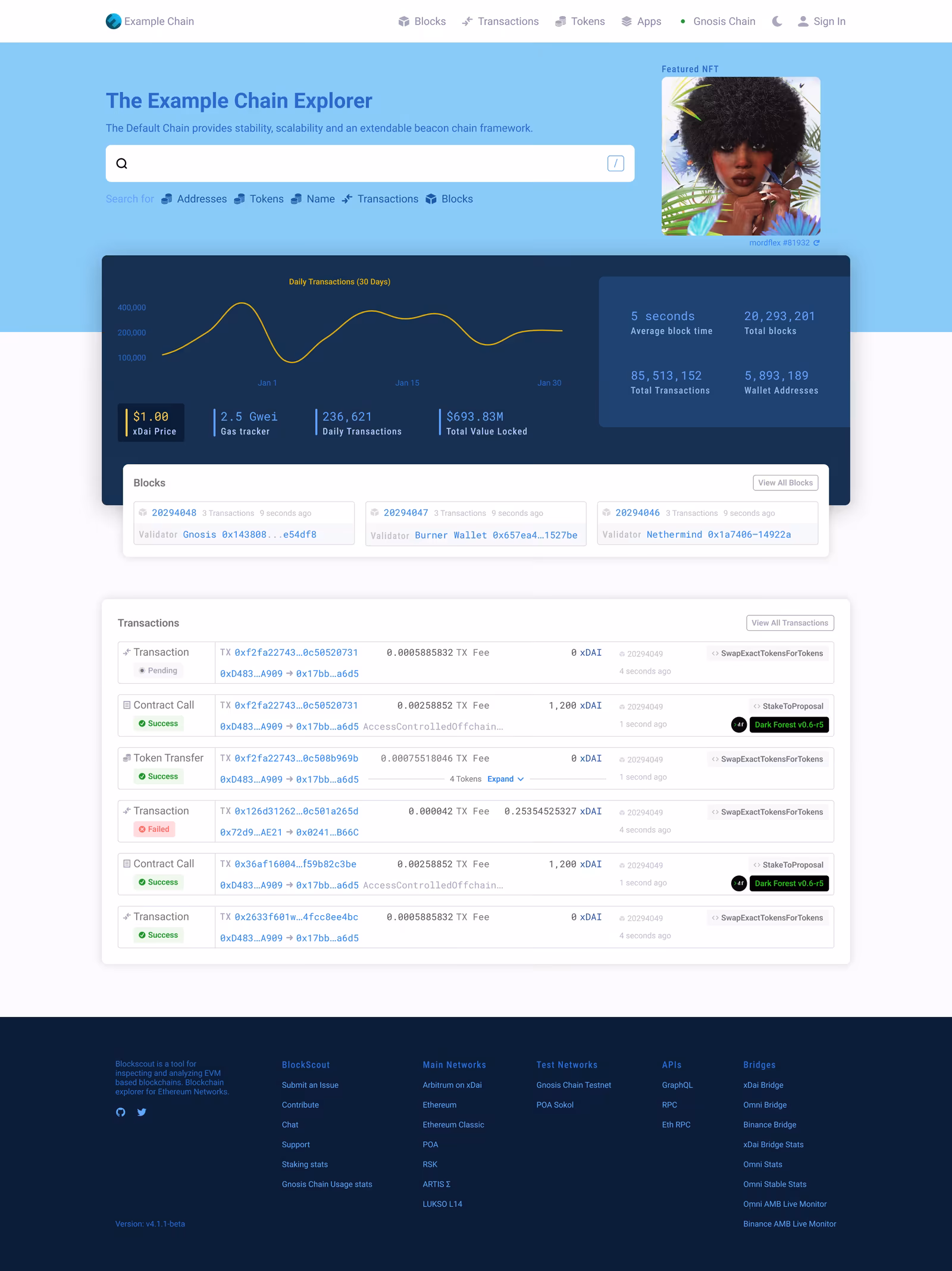 The full Blockscout explorer home page with search, network stats, recent blocks and transactions