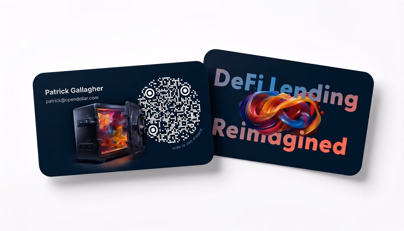 Open Dollar business cards — a dark card with contact details and a QR code, and its reverse reading “DeFi Lending Reimagined”