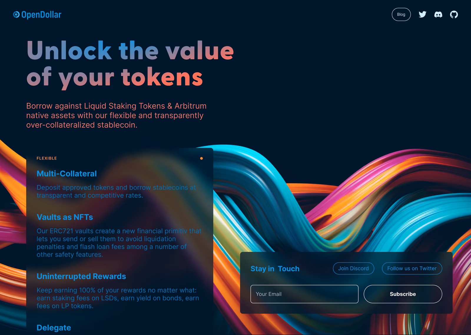 The Open Dollar pre-launch landing page — “Unlock the value of your tokens” over a fluid colour rendering, with multi-collateral, vaults-as-NFTs and rewards explained alongside