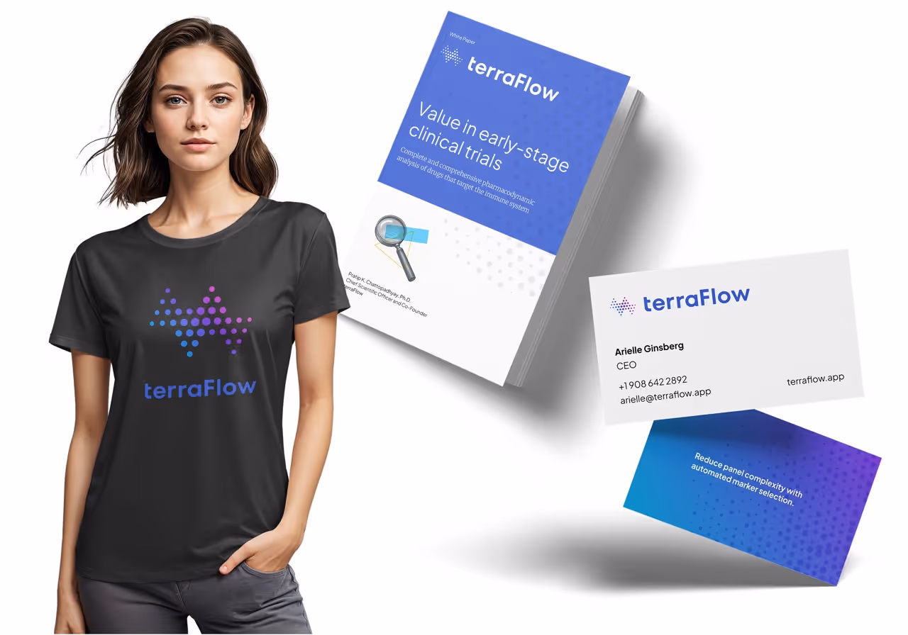 terraFlow brand collateral: a black t-shirt with the dot-matrix mark, a booklet titled “Value in early-stage clinical trials” and business cards