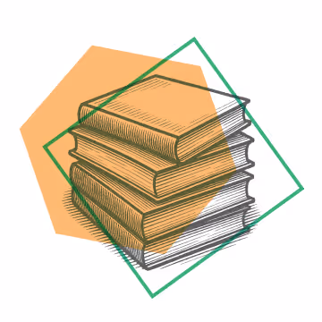 Engraving-style illustration of a stack of books over an orange hexagon and green square