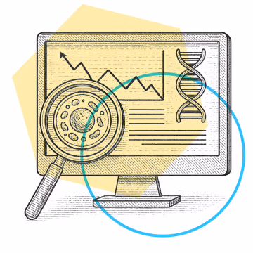 Engraving-style illustration of a computer monitor showing a chart and DNA helix, with a magnifying glass, over yellow and blue shapes