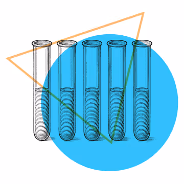 Engraving-style illustration of five test tubes over a blue circle and orange triangle
