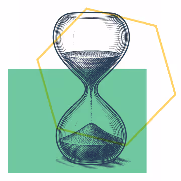 Engraving-style illustration of an hourglass over a green rectangle and yellow hexagon