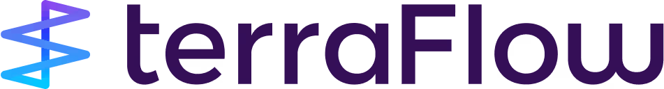 The previous terraFlow logo — a purple-to-blue gradient wordmark with a stylised double-helix mark