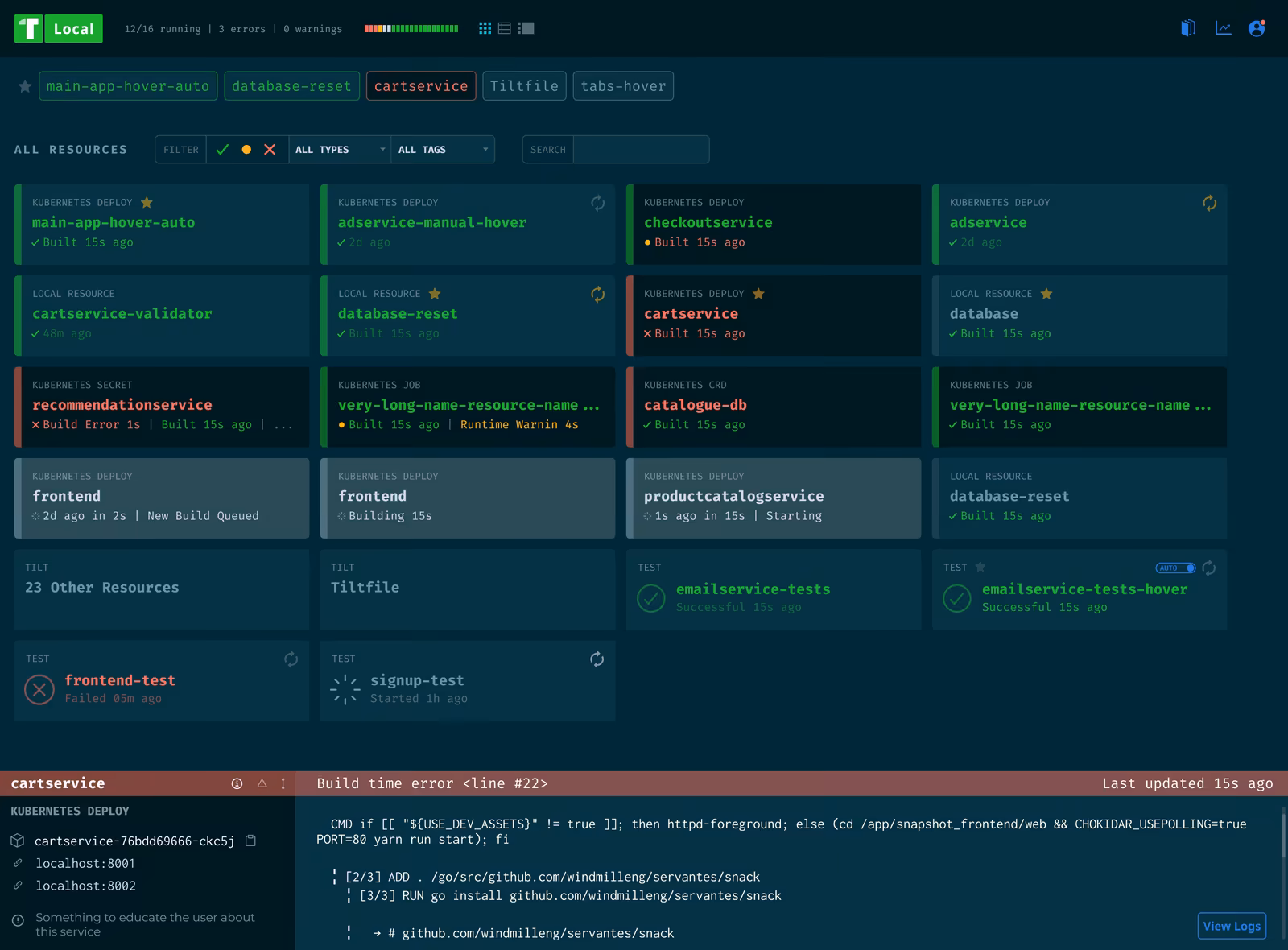 The Tilt resource overview as a grid of status cards