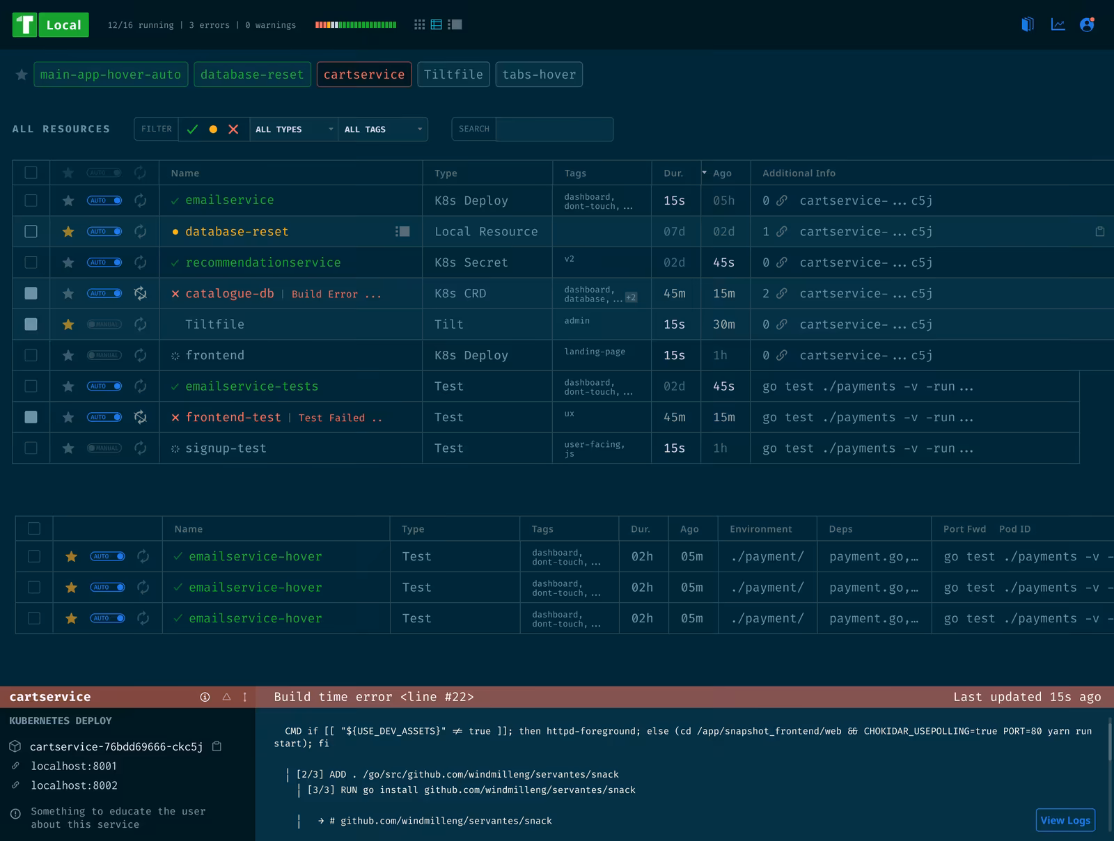 The Tilt resource overview as a sortable table