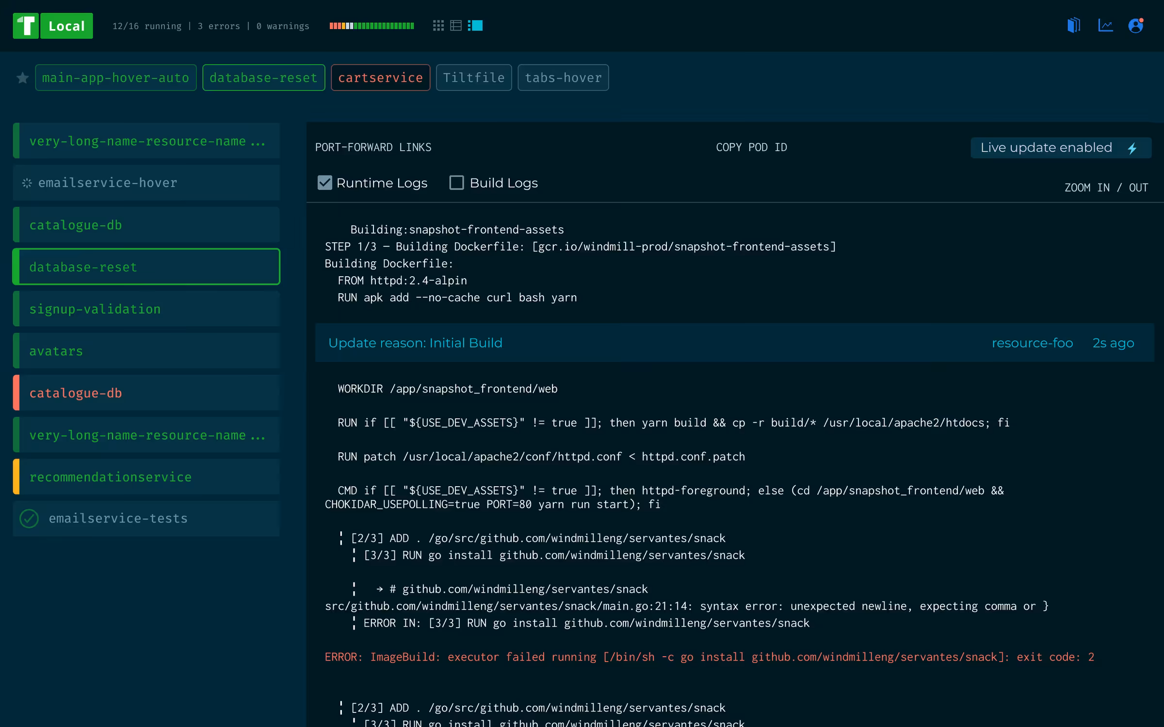 The Tilt interface with the resource sidebar open next to a live build log