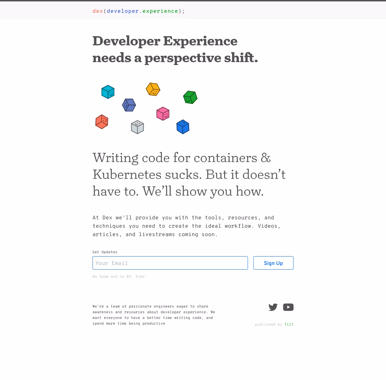 The Dex landing page — “Developer Experience needs a perspective shift”
