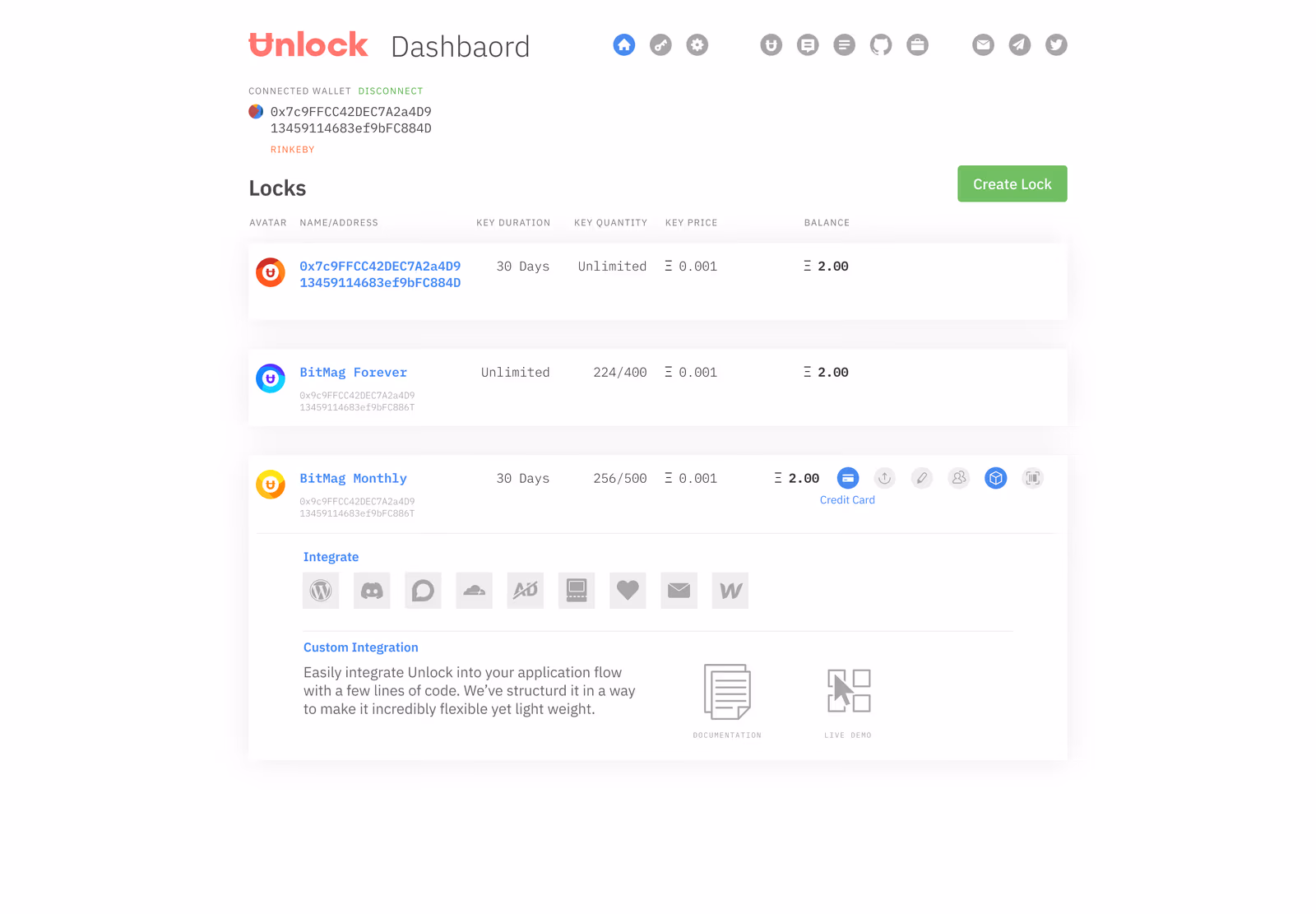 The Unlock dashboard listing a creator’s locks with key duration, quantity, price and balance
