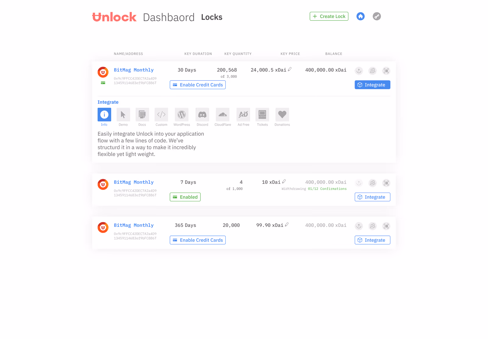 The Unlock dashboard with the Integrate panel open, showing platform plugins and a custom integration option