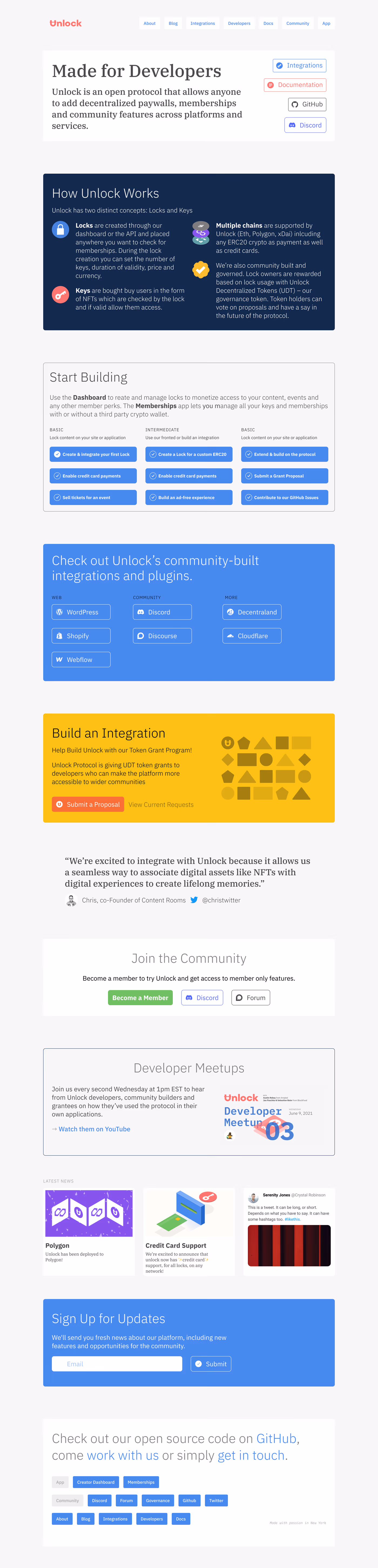 The full unlock-protocol.com developer page — how locks and keys work, start building paths, integrations, the grant program, community and news