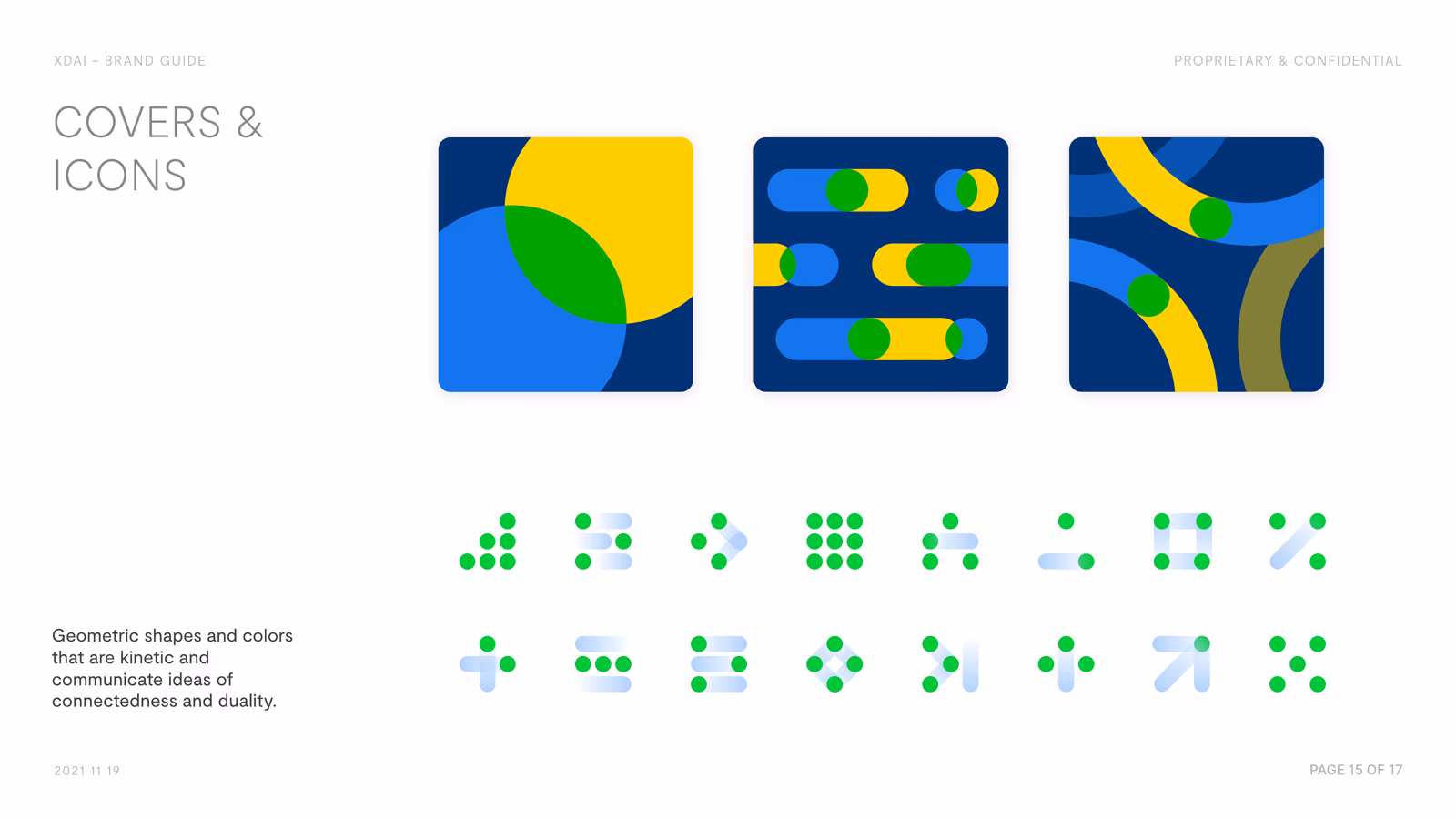 xdai social covers and a grid of geometric icons built from dots, arcs and bars