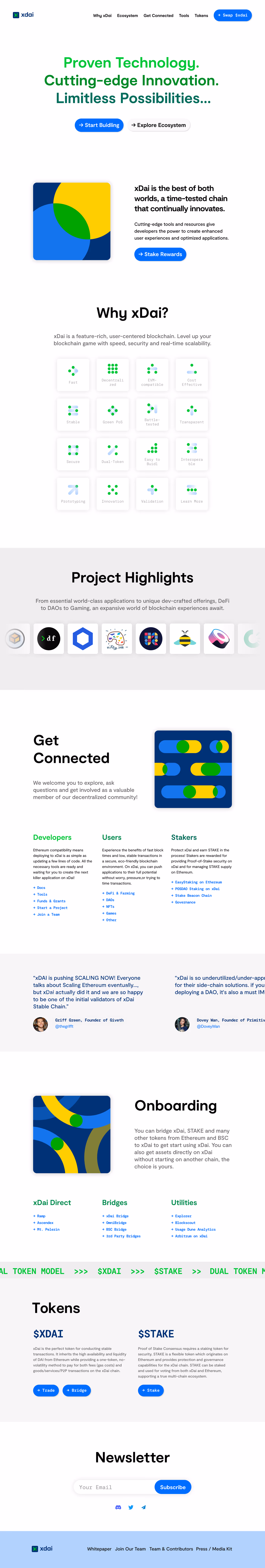 The full xdai.com landing page — hero, Why xDai feature grid, project highlights, audience routes, tokens and newsletter